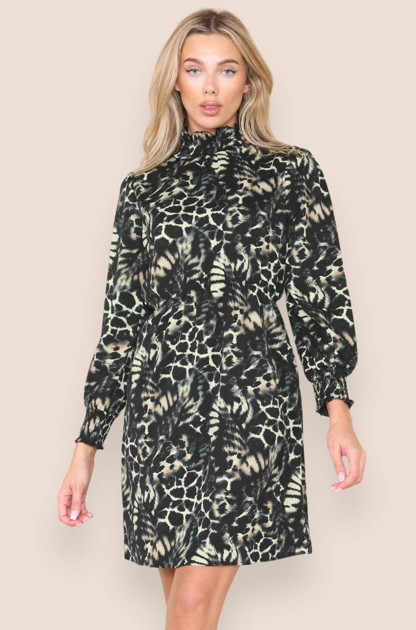 Love Sunshine Green Snake Print Shirred Waist High Neck Shift Mini Dress Brunch Dress Casual Dress Everyday Dress Leopard Print Dress Long Sleeve Dress LS-9143L Workwear Dress