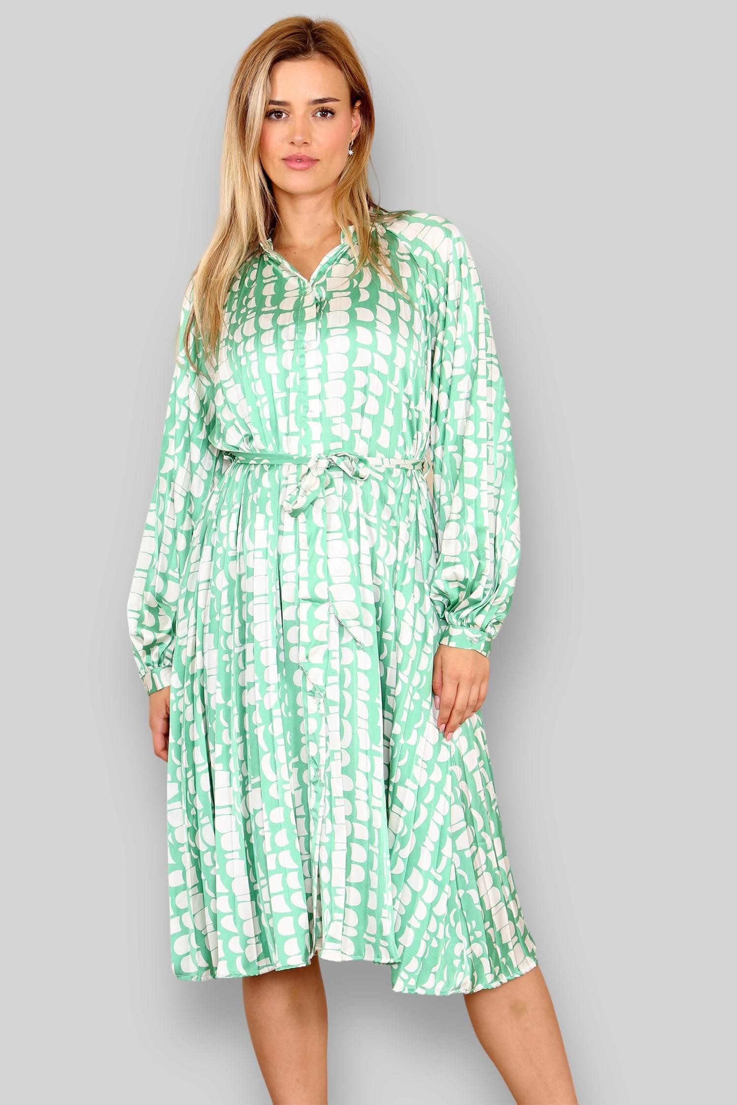 Love Sunshine Green Geo Print Pleated Silky Midi Dress Casual Dress DB Everyday Dress Garden Party Dress Holiday Dress Long Sleeve Dress LS-2326 Summer Dress Wedding Guest Dress