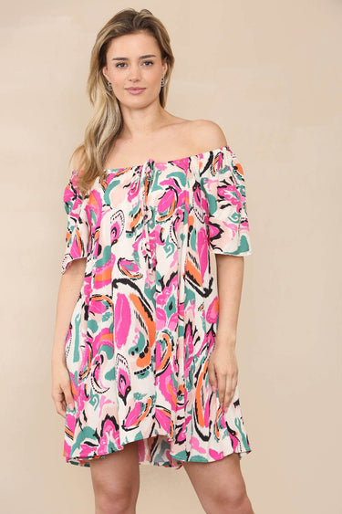 Love Sunshine Pink Green Paisley Print Bardot Mini Dress LS-1700