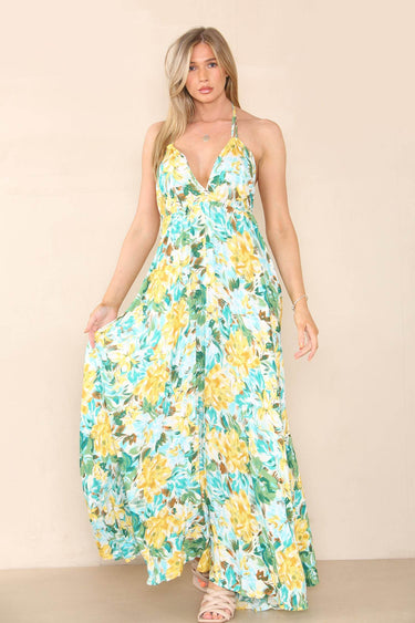 Love Sunshine Green Floral Print Strappy Maxi Dress FL-327