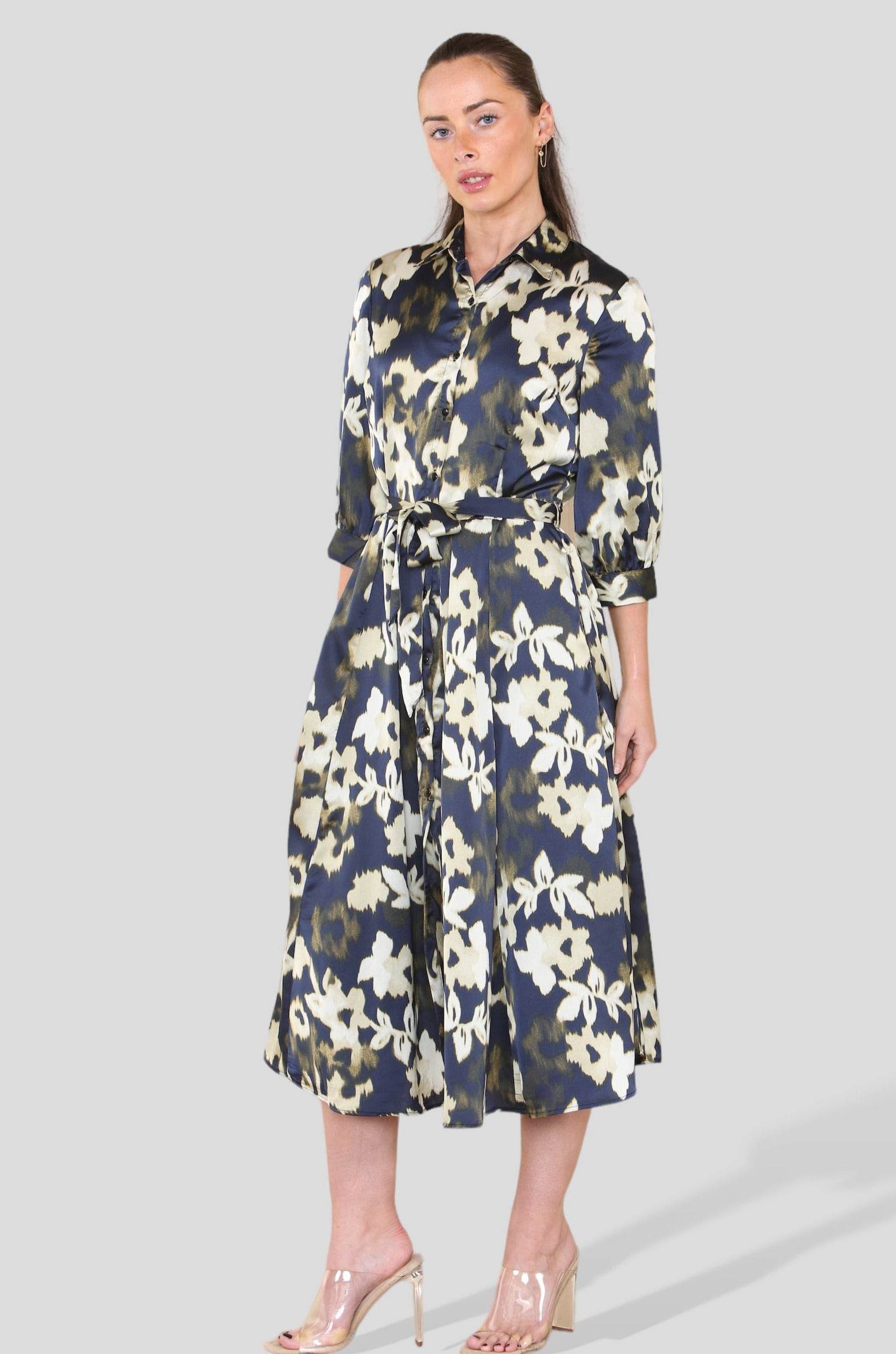 Love Sunshine Black Abstract Floral Print Satin Midi Shirt Dress