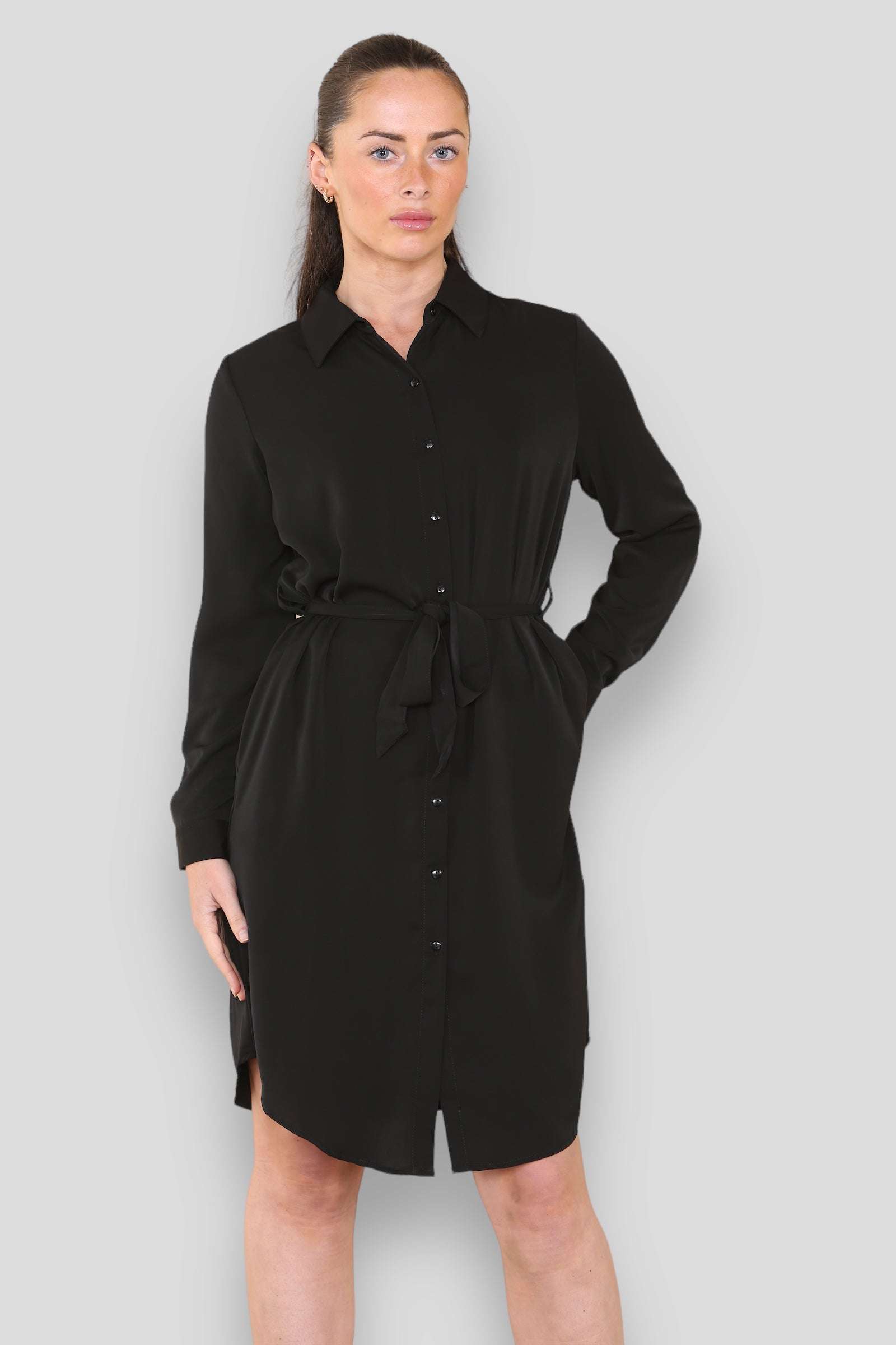 Love Sunshine Plain Black Belted Mini Shirt Dress Brunch Dress Casual Dress Dress with Pockets Everyday Dress Long Sleeve Dress LS-5026 Workwear Dress