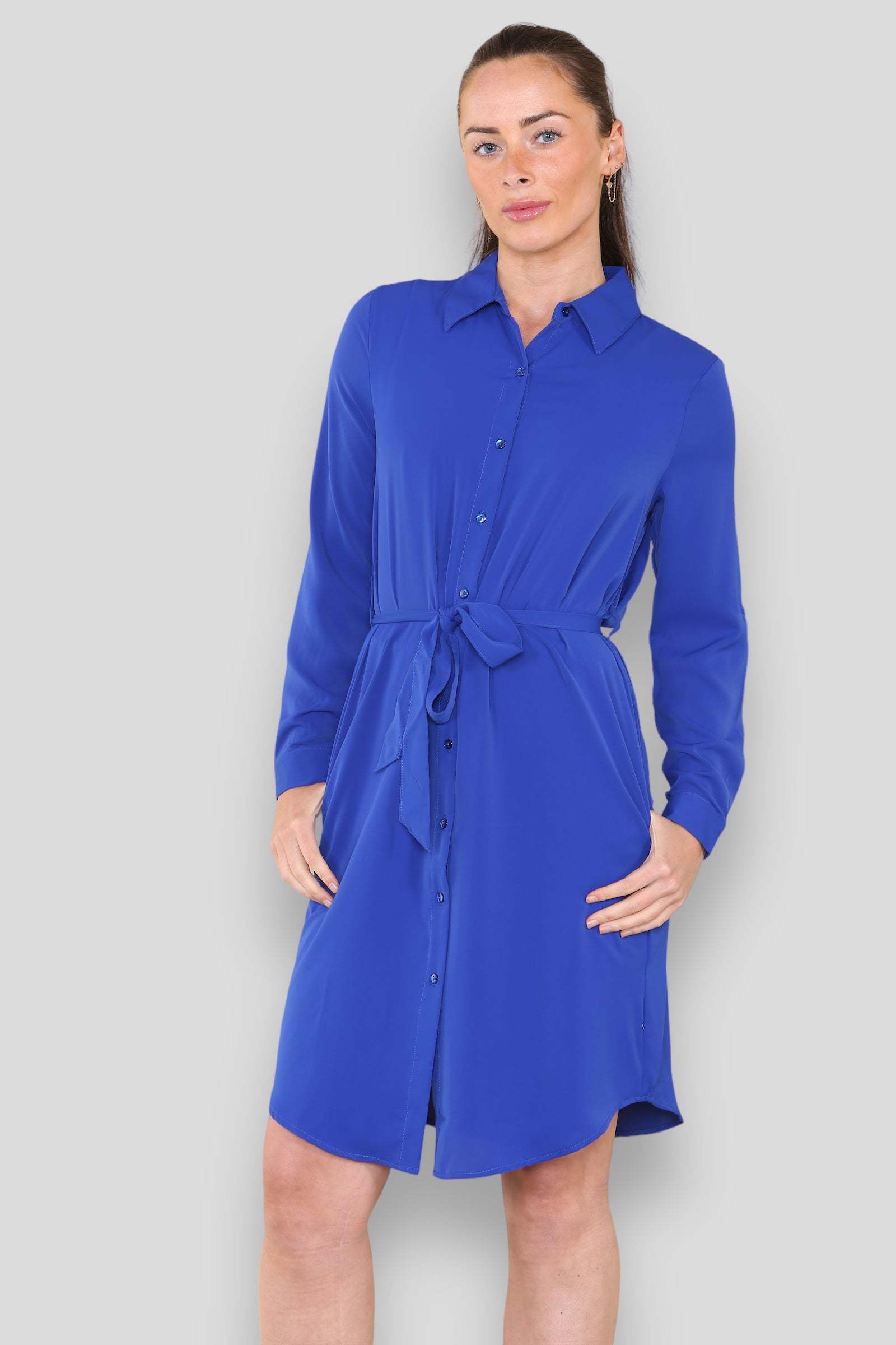 Love Sunshine Plain Royal Blue Belted Mini Shirt Dress Brunch Dress Casual Dress DB Dress with Pockets Everyday Dress Long Sleeve Dress LS-5026 Workwear Dress