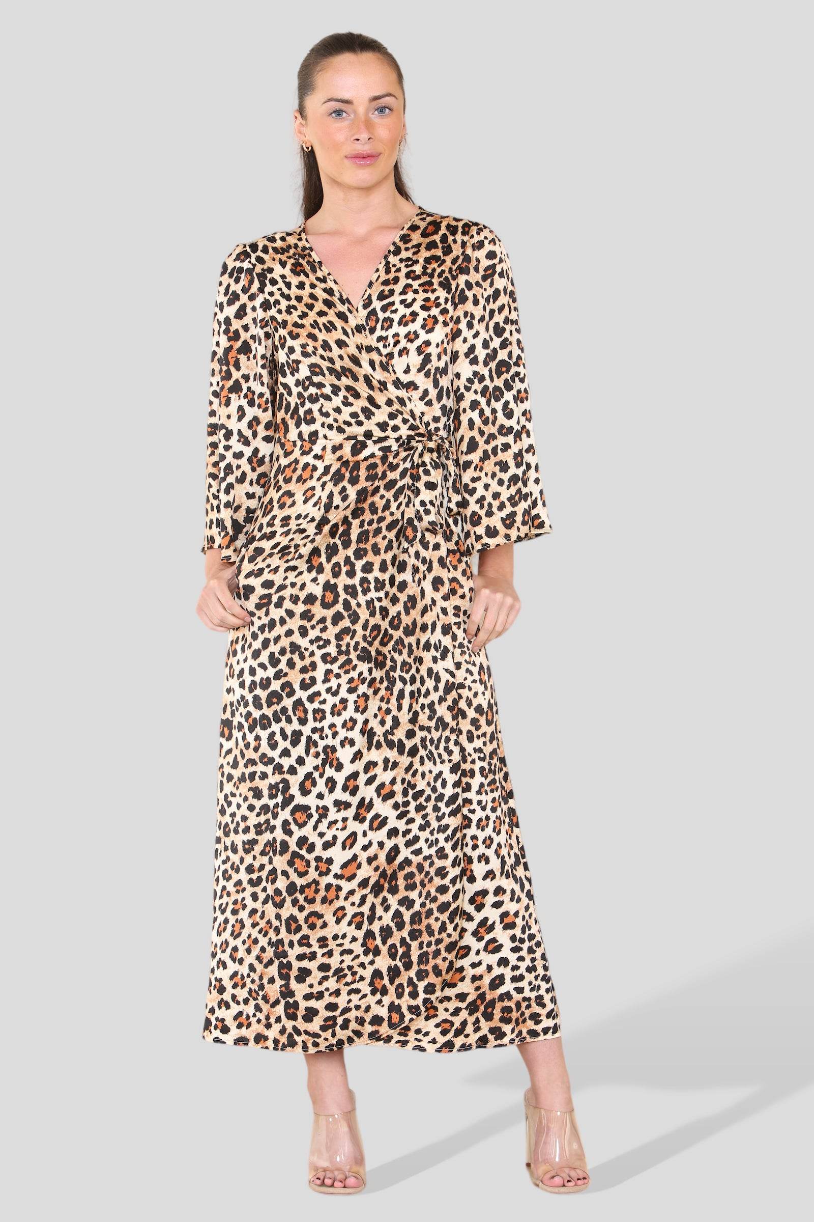 Love Sunshine Brown Leopard Printed Bell Sleeve Wrap Maxi Dress Dress with Pockets Garden Party Dress Going Out Dress LS-2314L Short Sleeve Dress Summer Dress Tea Dress Wedding Guest Dress