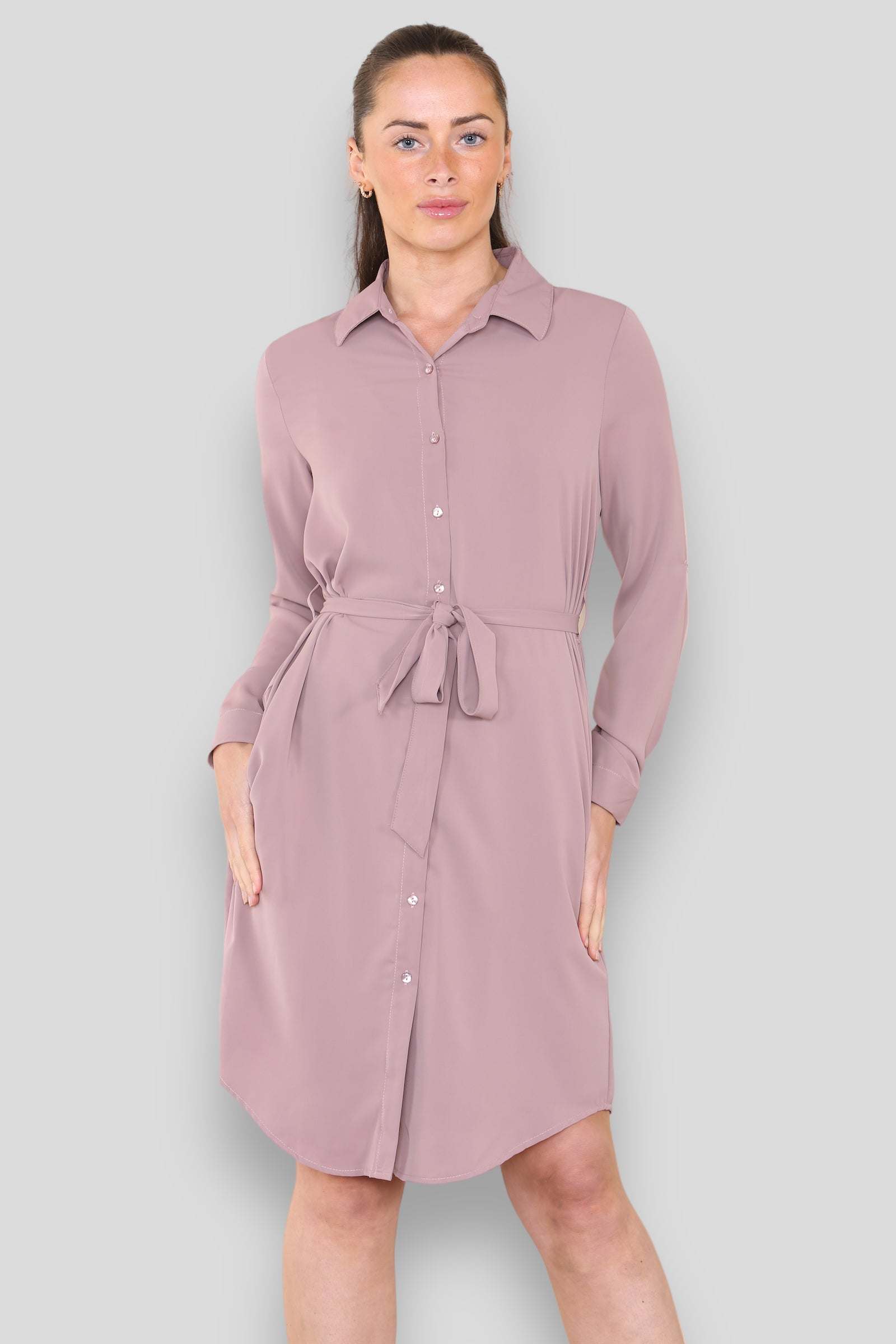 Love Sunshine Plain Dusty Pink Belted Mini Shirt Dress Brunch Dress Casual Dress DB Dress with Pockets Everyday Dress Long Sleeve Dress LS-5026 Workwear Dress