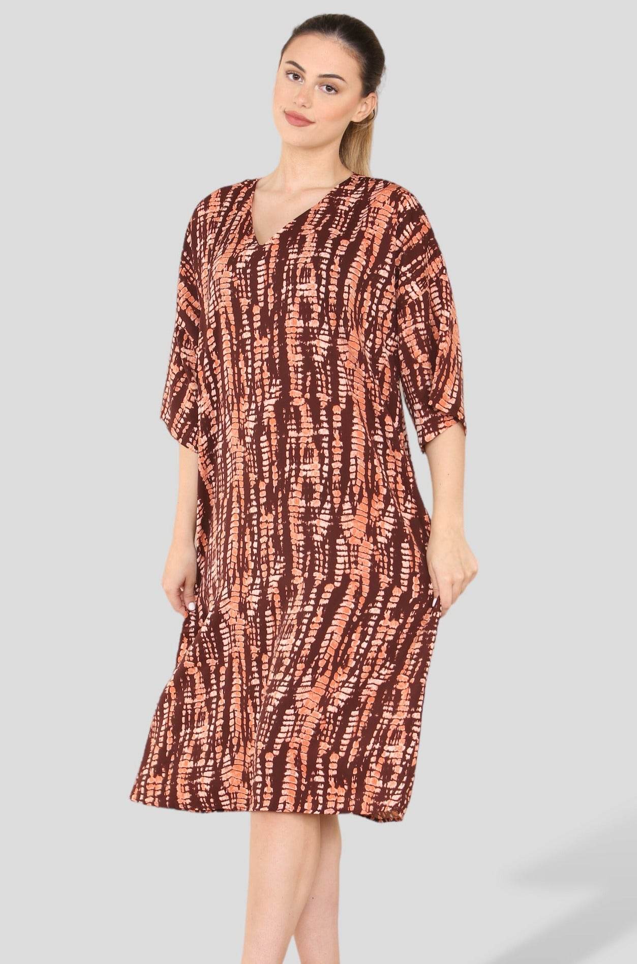 Love Sunshine Rust Tie Dye Chain Print Oversized Shift Midi Dress LS-2252