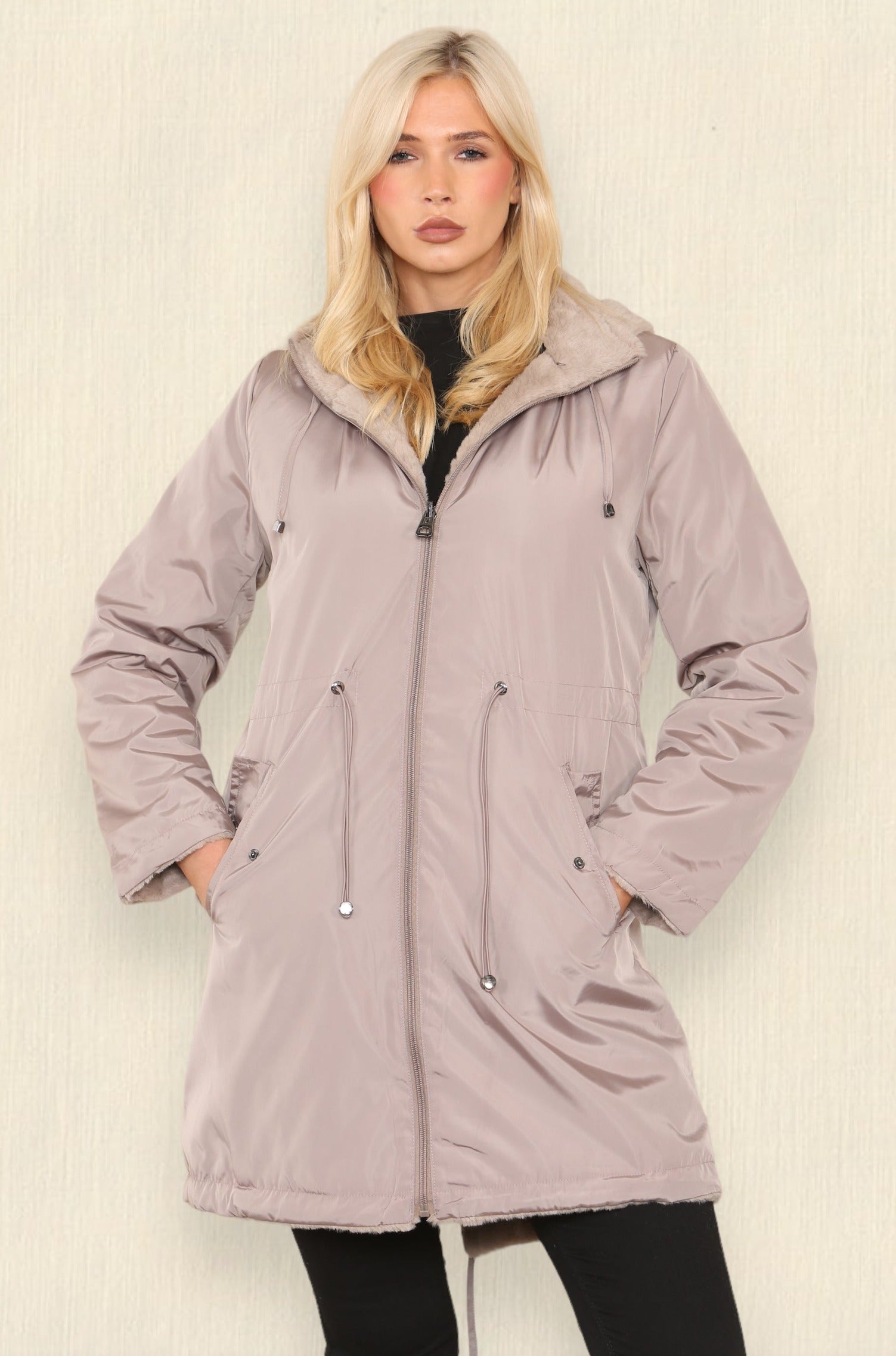 Love Sunshine Taupe Reversible Faux Fur Rain Coat with Hood LS-6033