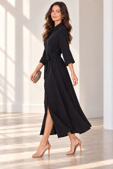 Black Textured Belted Maxi Shirt Dress