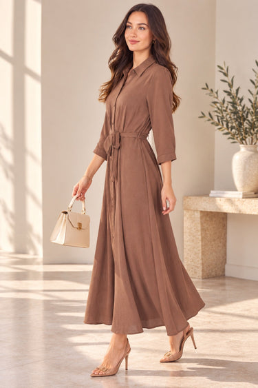 Mocha Textured Belted Maxi Shirt Dress