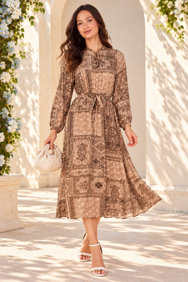 Love Sunshine Mocha Brown Paisley Print Tie Waist Midi Dress auto-20 Brunch Dress Dress with Pockets Dresses Everyday Dress Garden Party Dress Going Out Dress Holiday Dress Long Sleeve Dress LS-2258 Summer Dress Tea Dress Wedding Guest Dress