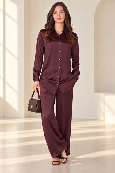 Love Sunshine Burgundy Layered Satin Shirt & Wide Leg Trouser Co-Ord Set Co ord sets LS-5002 LS-5002&9057 LS-9057