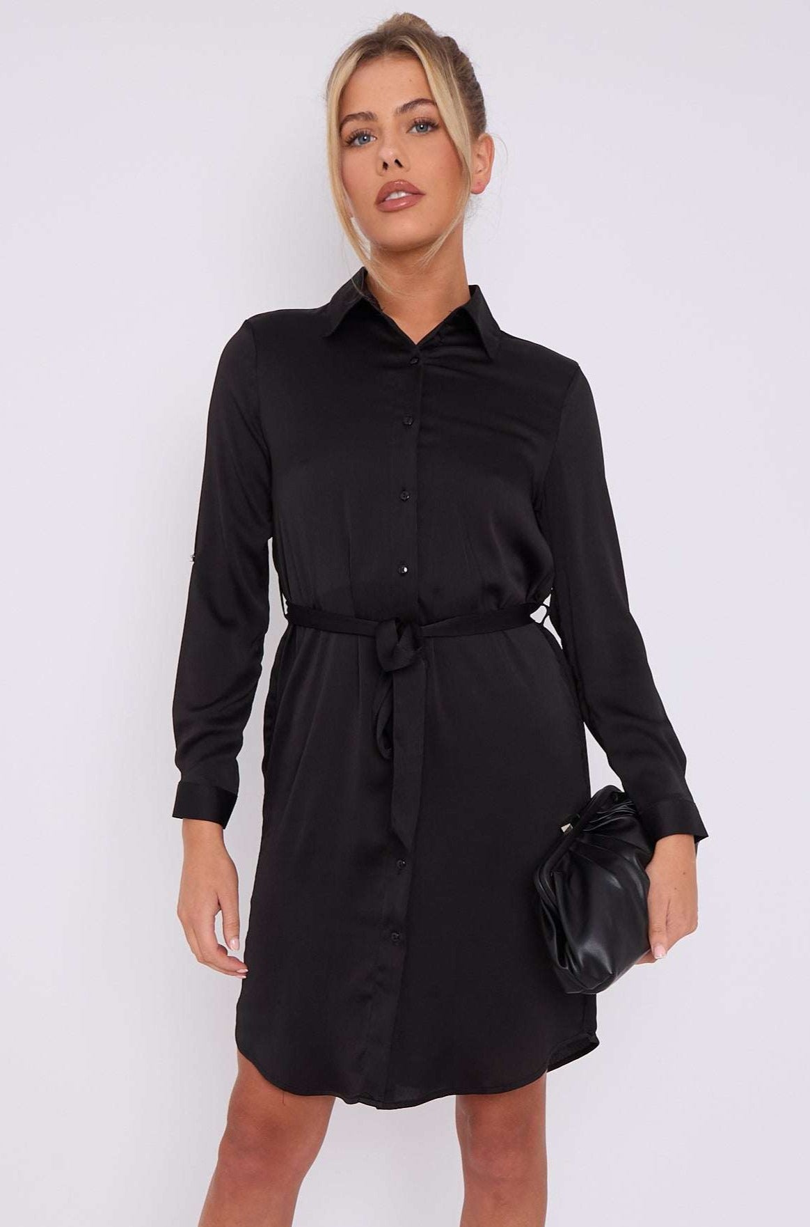 Love Sunshine Black Belted Layer Satin Mini Shirt Dress Brunch Dress Casual Dress Dress with Pockets Everyday Dress Long Sleeve Dress LS-5026 Workwear Dress