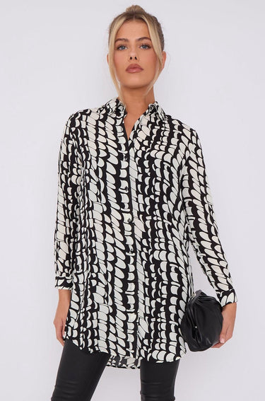 Love Sunshine Black Geo Print Chiffon Long Shirt LS-5002