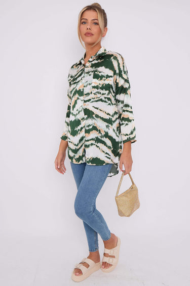 Love Sunshine Green Tie Dye Stripe Print Satin Oversized Shirt auto-20 LS-5003 Shirts