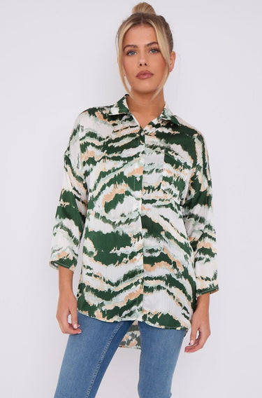 Love Sunshine Green Tie Dye Stripe Print Satin Oversized Shirt auto-20 LS-5003 Shirts