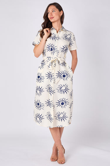 Cream sun print midi shirt dress side angled view