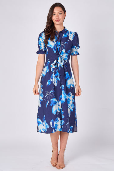 Navy blue floral print tie front midi shirt dress front view without bag