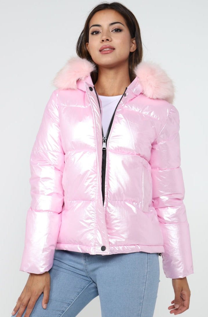 Love Sunshine Metalic Pink Puffer Jacket with Faux Fur on Hood LS-9030