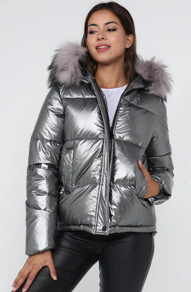 Love Sunshine Metalic Grey Puffer Coat with Faux Fur on Hood LS-9030
