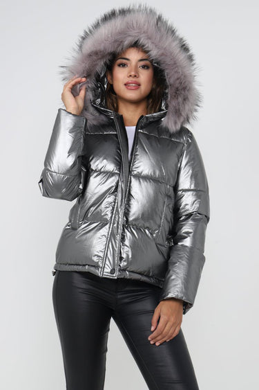 Love Sunshine Metalic Grey Puffer Coat with Faux Fur on Hood Jackets LS-9030