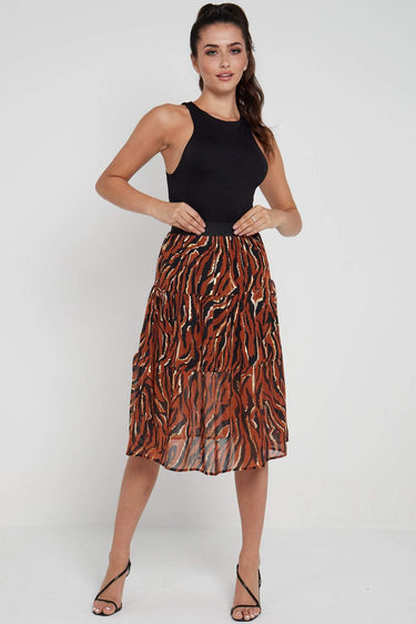 Love Sunshine Rust Zebra Printed Gold Striped Tiered Midi Skirt LS-2148 skirts