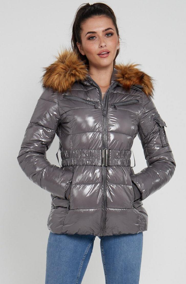 Love Sunshine Shiny Grey Belted Puffer Coat with Faux Fur hood LS-6049