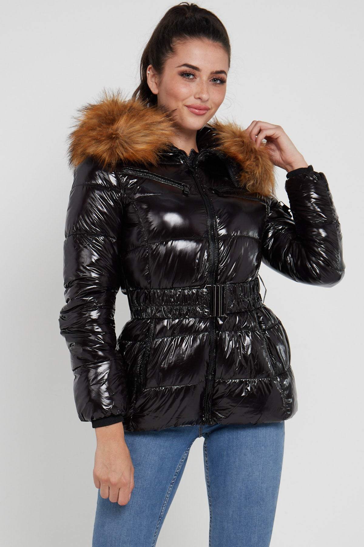 Love Sunshine Shiny Black Belted Puffer Coat with Faux Fur hood LS-6049