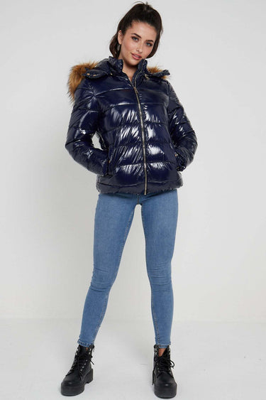 Love Sunshine Wet Look Padded Jacket with Faux Fur Hood in Shiny Navy LS-6042