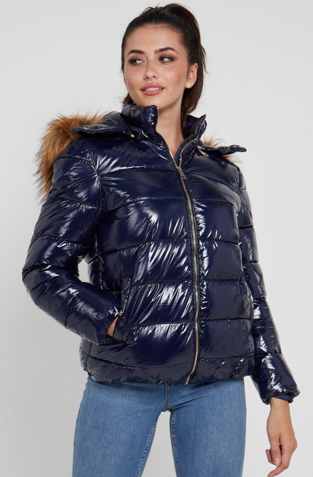 Love Sunshine Wet Look Padded Jacket with Faux Fur Hood in Shiny Navy LS-6042