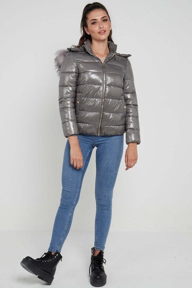 Love Sunshine Grey Shiny Puffer Jacket with Grey Faux Fur LS-6042
