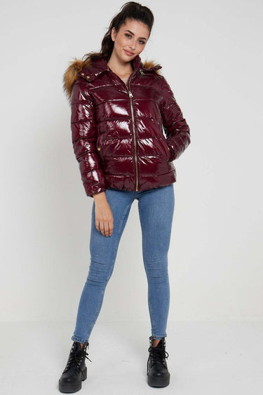 Love Sunshine Burgundy Shiny Puffer Jacket with Big Faux Fur LS-6042