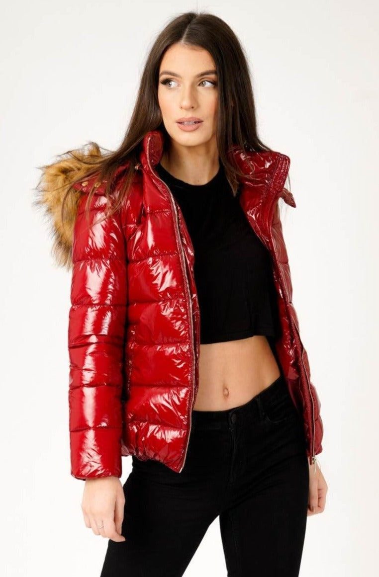 Love Sunshine Wet Look Padded Jacket with Faux Fur Hood in Shiny Red LS-6042