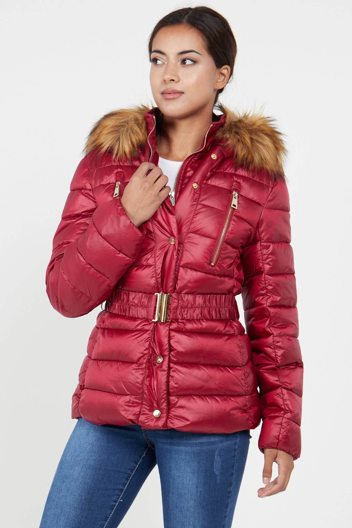 Love Sunshine Padded Jacket with Faux Fur Hood in Red LS-9027