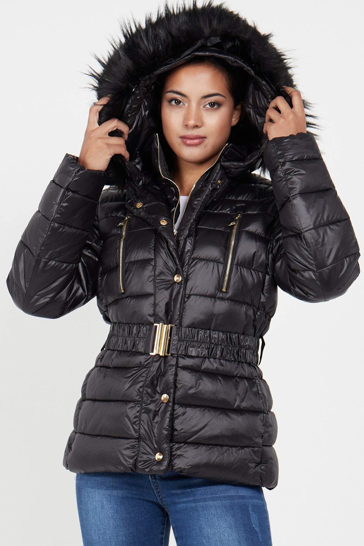 Love Sunshine Black Nylon Puffer Jacket with Faux fur on Hood LS-9027