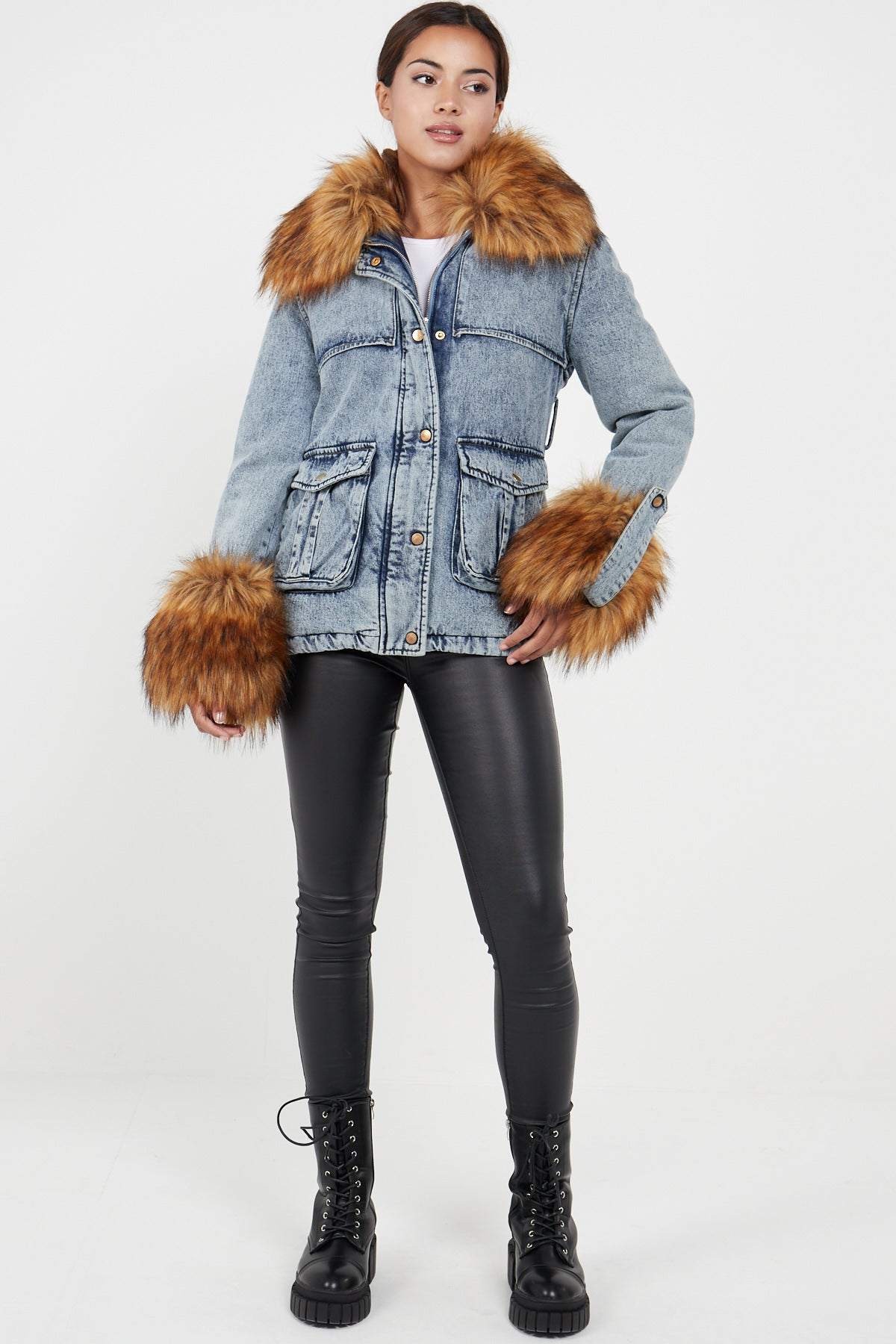 Love Sunshine Faux Fur Cuff and Collar Padded Belted Denim Jacket LS-2015