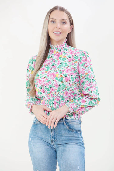 Love Sunshine White Floral Print Shirred Waist Cropped Top auto-20 Brunch Casual Everyday Garden Party LS-9088 Tops Workwear