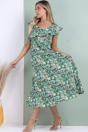 Love Sunshine Black Ditsy Floral Printed Asymmetric Strap Midi Dress 2112