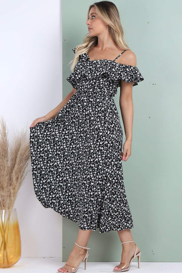 Love Sunshine Black Floral Printed Asymmetric Strap Midi Dress 2112