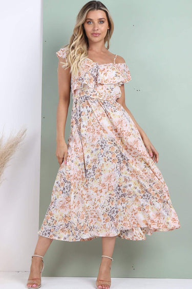 Love Sunshine Peach Floral Printed Asymmetric Strap Midi Dress 2112