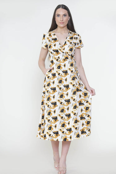 Love Sunshine Cream Floral Printed Wrap Midi Dress LS-2118
