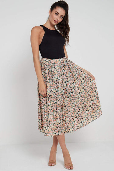 Love Sunshine Rose Floral Printed Side Slit Pleated Midi Skirt LS-2145 skirts