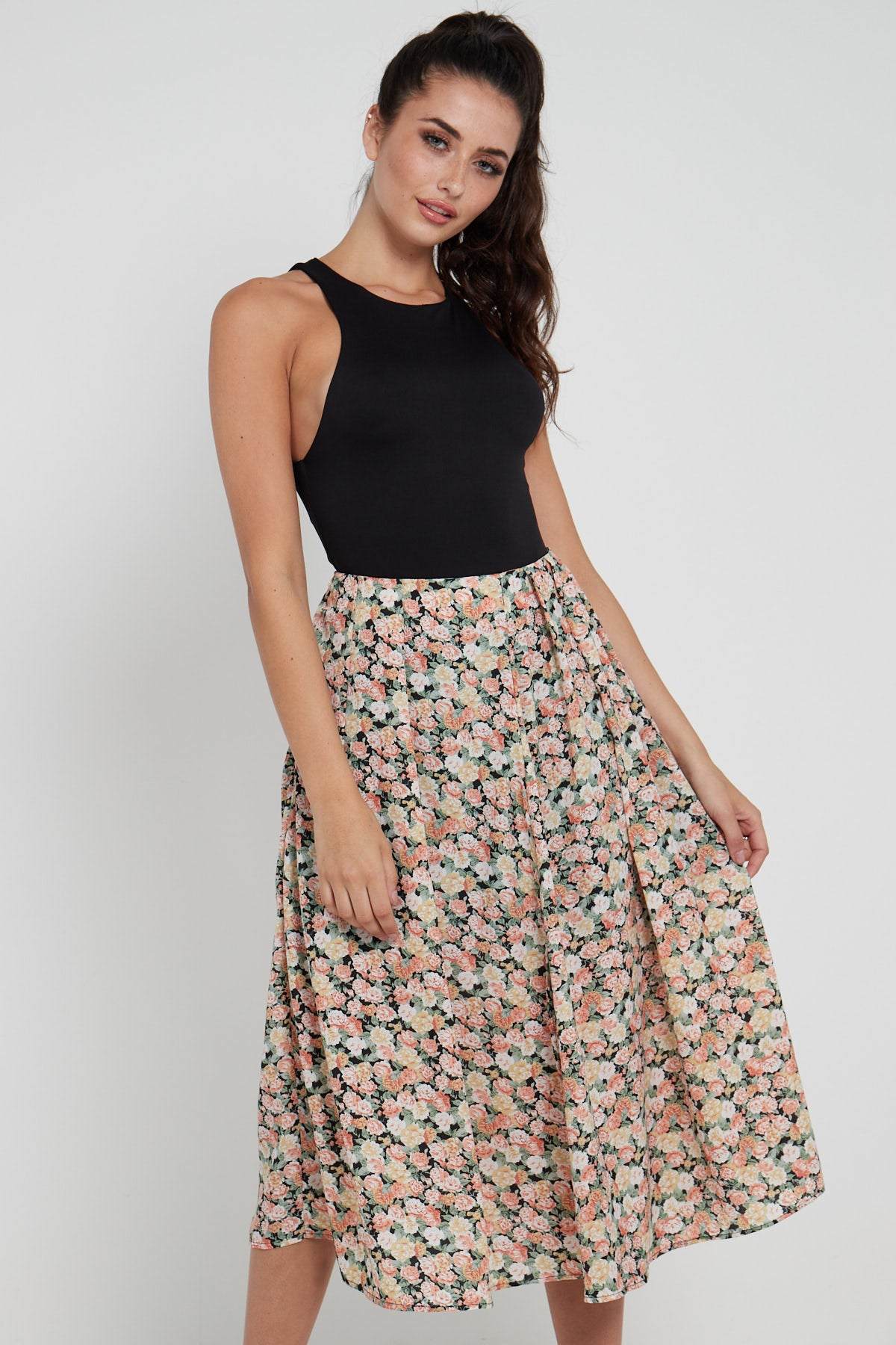 Love Sunshine Rose Floral Printed Side Slit Pleated Midi Skirt LS-2145 skirts