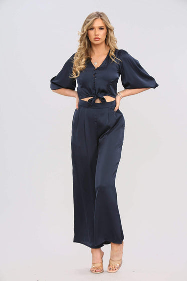 Love Sunshine Navy Brushed Satin Co-ord Trousers Set Co ord sets LS-2163 Tops
