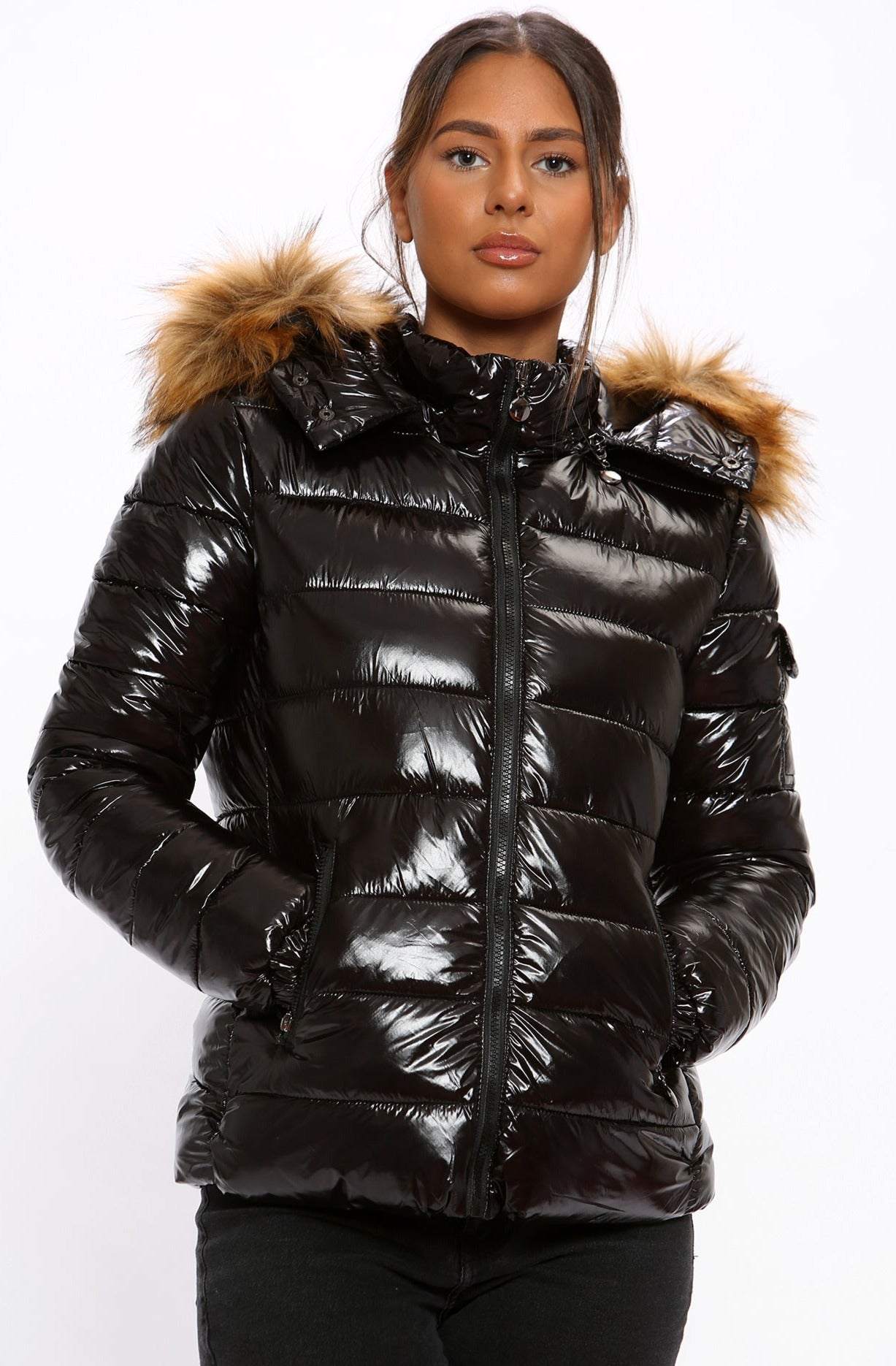 Love Sunshine Black Wet Look Puffer Jacket with Faux Fur Hood LS-8101