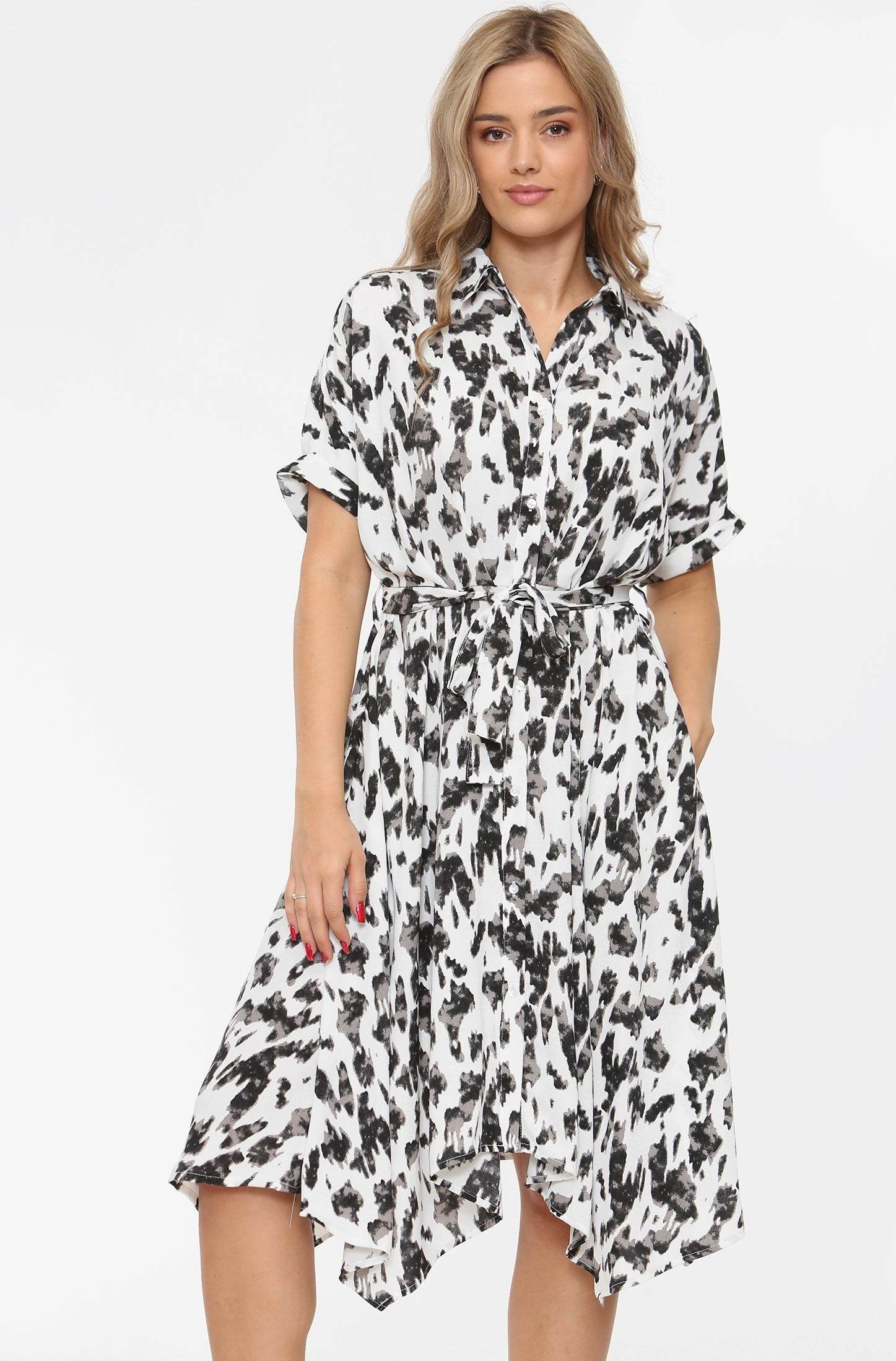 Love Sunshine White Printed Short Sleeve Midi Shirt Dress LS-2123