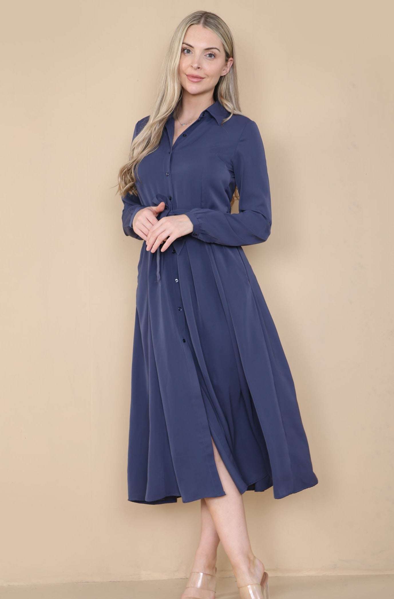 Love Sunshine Plain Navy Midaxi Shirt Dress Brunch Dress Casual Dress DB Dress with Pockets Everyday Dress Garden Party Dress Long Sleeve Dress LS-2037 Wedding Guest Dress Workwear Dress