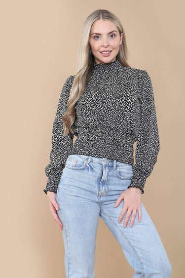 Love Sunshine Black Leopard Print Shirred Waist Cropped Top auto-20 Brunch Casual Everyday Garden Party LS-9088 Tops Workwear