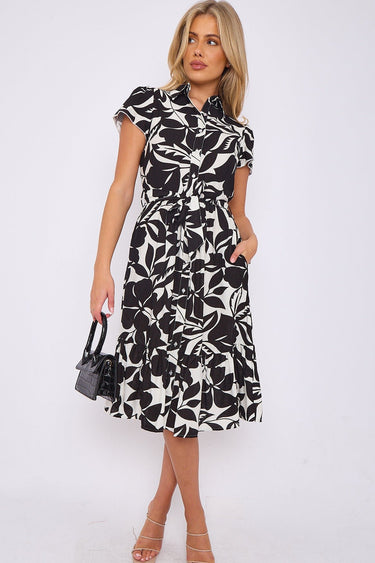 Black Leaf Printed Frilled Hem Midi Dress