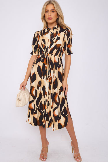 Love Sunshine Brown Leopard Print Short Sleeve Knot Waist Midi Dress auto-20 Brunch Dress Casual Dress Dresses Everyday Dress Garden Party Dress Going Out Dress Holiday Dress LS-2405 Short Sleeve Dress Summer Dress Tea Dress