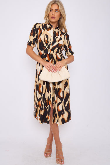 Love Sunshine Brown Leopard Print Short Sleeve Knot Waist Midi Dress auto-20 Brunch Dress Casual Dress Dresses Everyday Dress Garden Party Dress Going Out Dress Holiday Dress LS-2405 Short Sleeve Dress Summer Dress Tea Dress